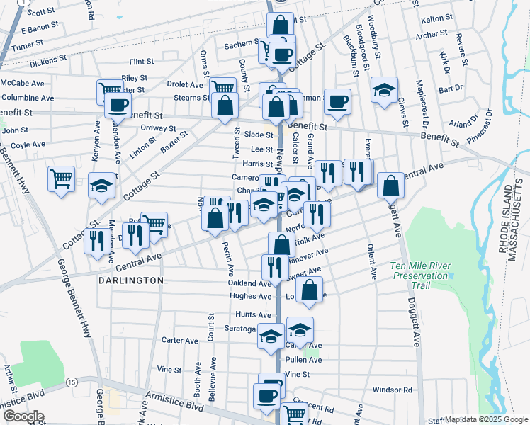 map of restaurants, bars, coffee shops, grocery stores, and more near 723 Central Avenue in Pawtucket