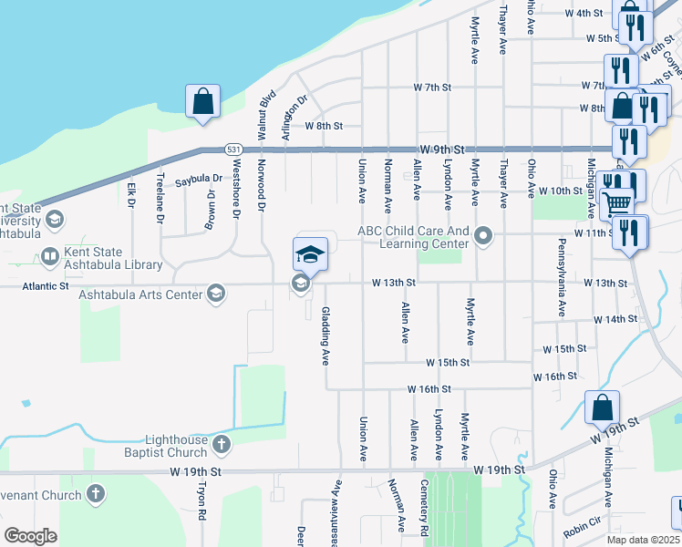 map of restaurants, bars, coffee shops, grocery stores, and more near 2522 West 13th Street in Ashtabula