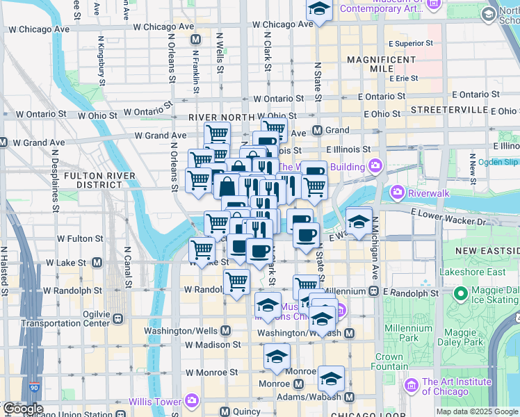 map of restaurants, bars, coffee shops, grocery stores, and more near in Chicago