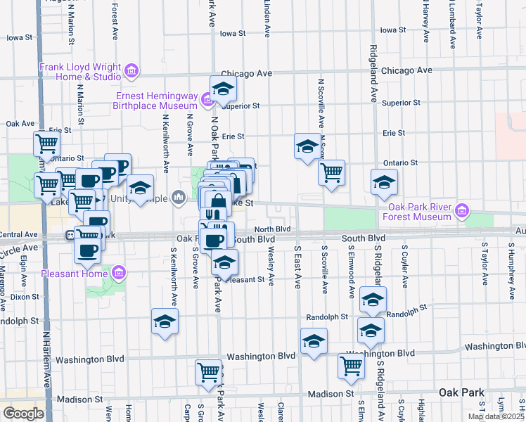 map of restaurants, bars, coffee shops, grocery stores, and more near 675 Lake Street in Oak Park