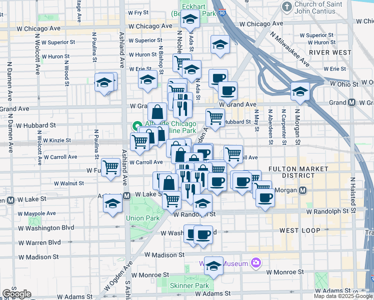 map of restaurants, bars, coffee shops, grocery stores, and more near 340 North Ogden Avenue in Chicago
