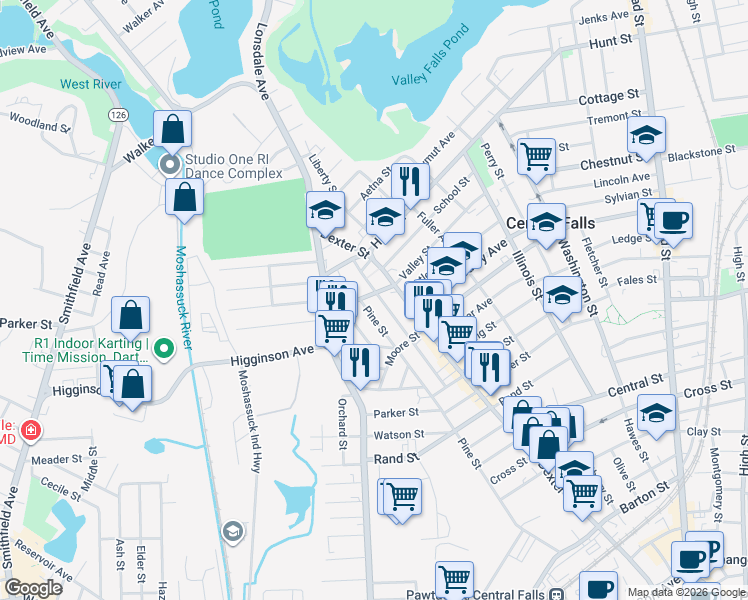 map of restaurants, bars, coffee shops, grocery stores, and more near 728 Pine Street in Central Falls