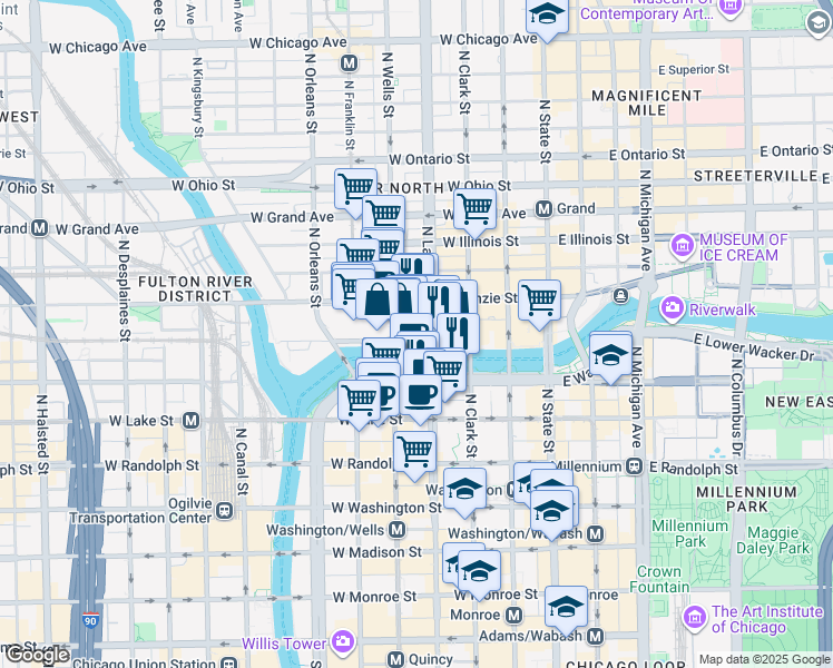 map of restaurants, bars, coffee shops, grocery stores, and more near 300 North La Salle Drive in Chicago