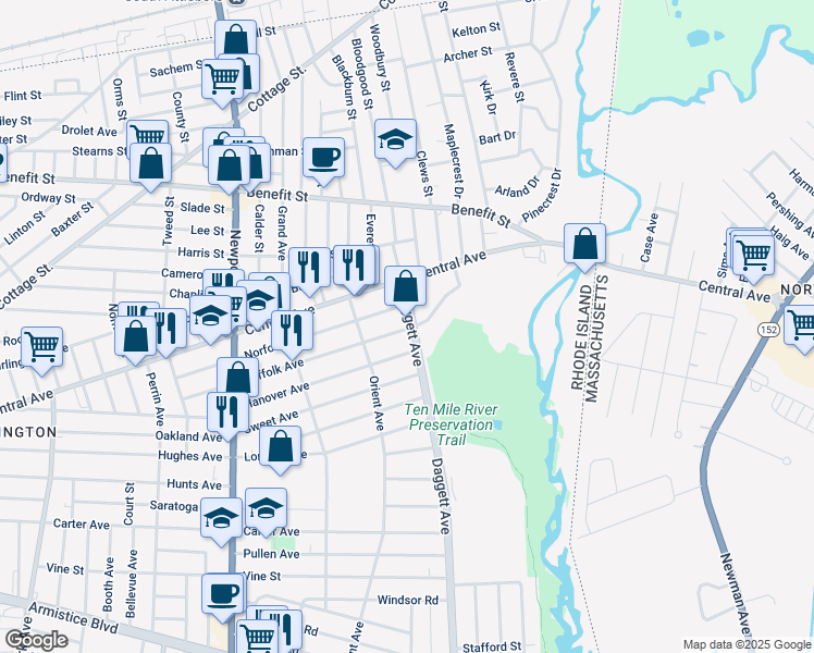 map of restaurants, bars, coffee shops, grocery stores, and more near 194 Hanover Avenue in Pawtucket