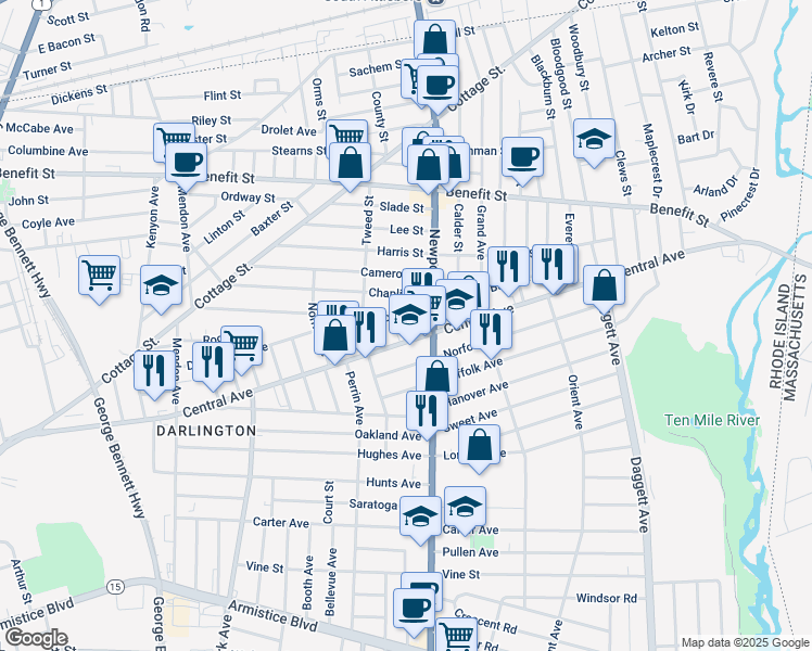map of restaurants, bars, coffee shops, grocery stores, and more near 723 Central Avenue in Pawtucket