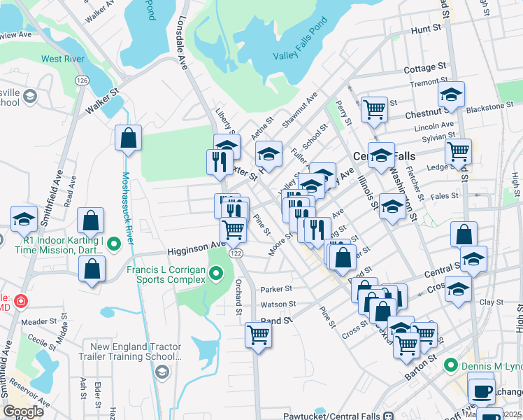 map of restaurants, bars, coffee shops, grocery stores, and more near 728 Pine Street in Central Falls