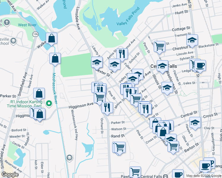 map of restaurants, bars, coffee shops, grocery stores, and more near 728 Pine Street in Central Falls