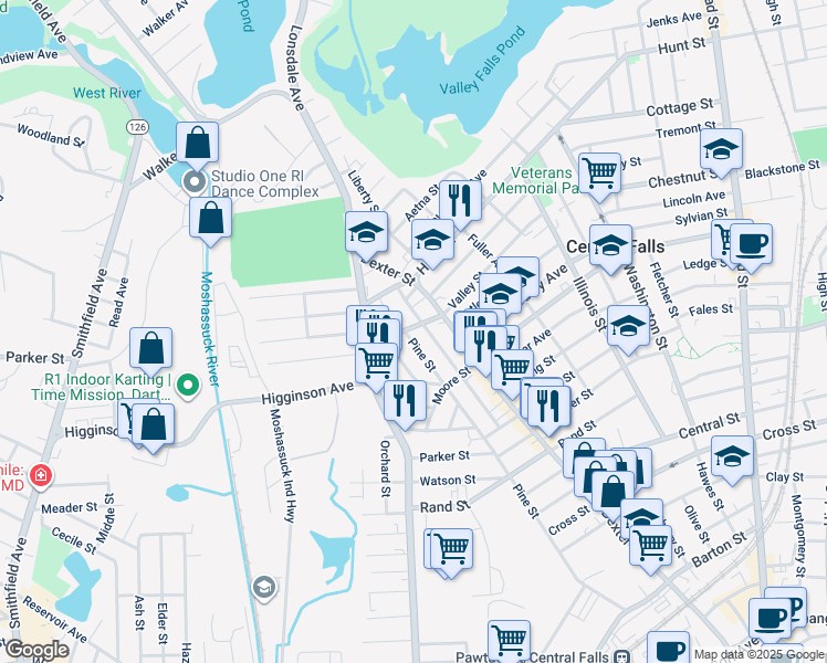 map of restaurants, bars, coffee shops, grocery stores, and more near 728 Pine Street in Central Falls