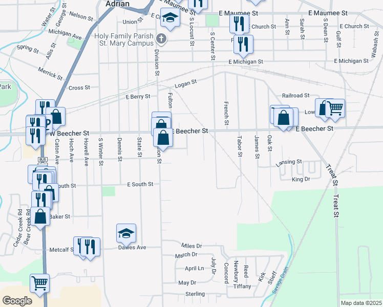 map of restaurants, bars, coffee shops, grocery stores, and more near Haan St in Adrian