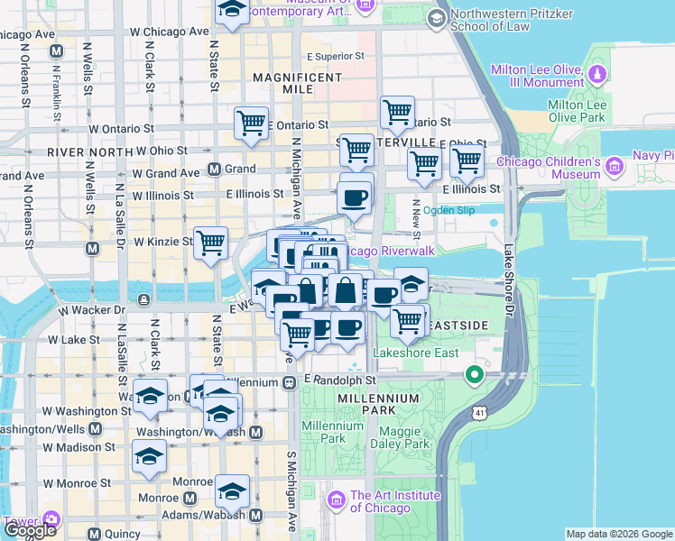 map of restaurants, bars, coffee shops, grocery stores, and more near 233 North Michigan Avenue in Chicago