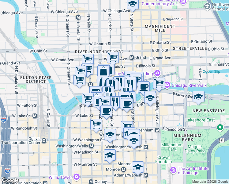 map of restaurants, bars, coffee shops, grocery stores, and more near 317 North Clark Street in Chicago