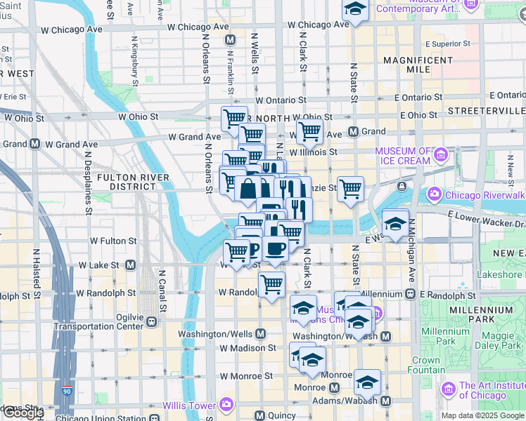 map of restaurants, bars, coffee shops, grocery stores, and more near 300 North La Salle Street in Chicago