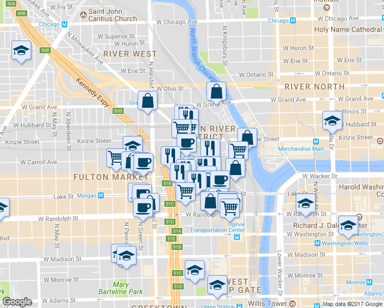 map of restaurants, bars, coffee shops, grocery stores, and more near 660 West Wayman Street in Chicago
