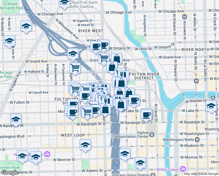 map of restaurants, bars, coffee shops, grocery stores, and more near 708w West Wayman Street in Chicago