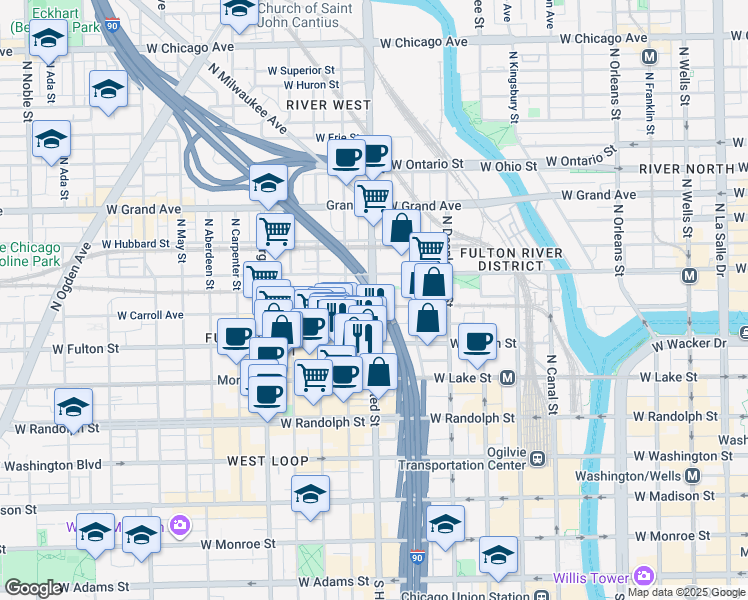 map of restaurants, bars, coffee shops, grocery stores, and more near 333 North Green Street in Chicago