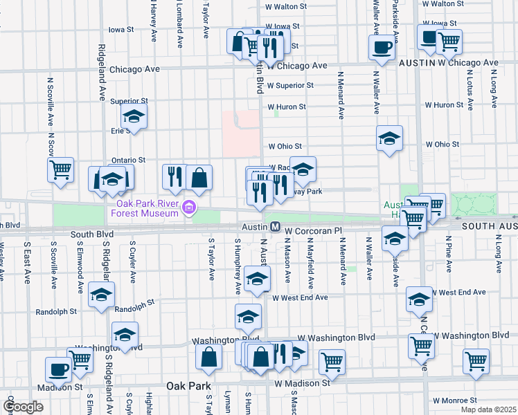 map of restaurants, bars, coffee shops, grocery stores, and more near 21 Lake Street in Oak Park