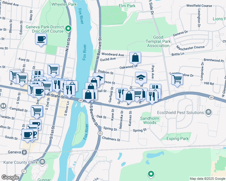 map of restaurants, bars, coffee shops, grocery stores, and more near 31 Garfield Street in Geneva