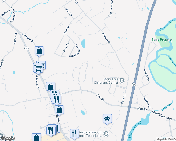 map of restaurants, bars, coffee shops, grocery stores, and more near 35 Pilgrim Village Road in Taunton