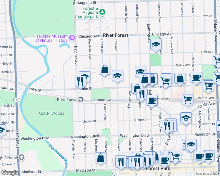 map of restaurants, bars, coffee shops, grocery stores, and more near Lake Street in River Forest