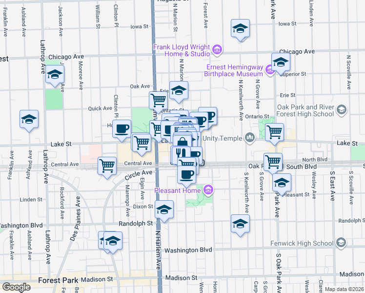 map of restaurants, bars, coffee shops, grocery stores, and more near in Oak Park