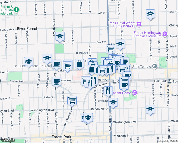 map of restaurants, bars, coffee shops, grocery stores, and more near 418 Clinton Place in River Forest