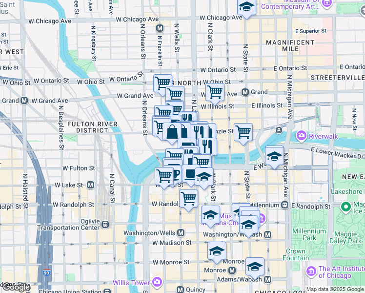 map of restaurants, bars, coffee shops, grocery stores, and more near 300 North La Salle Street in Chicago