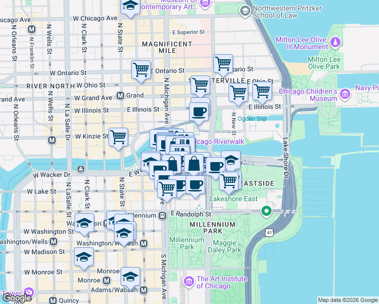 map of restaurants, bars, coffee shops, grocery stores, and more near 233 North Michigan Avenue in Chicago