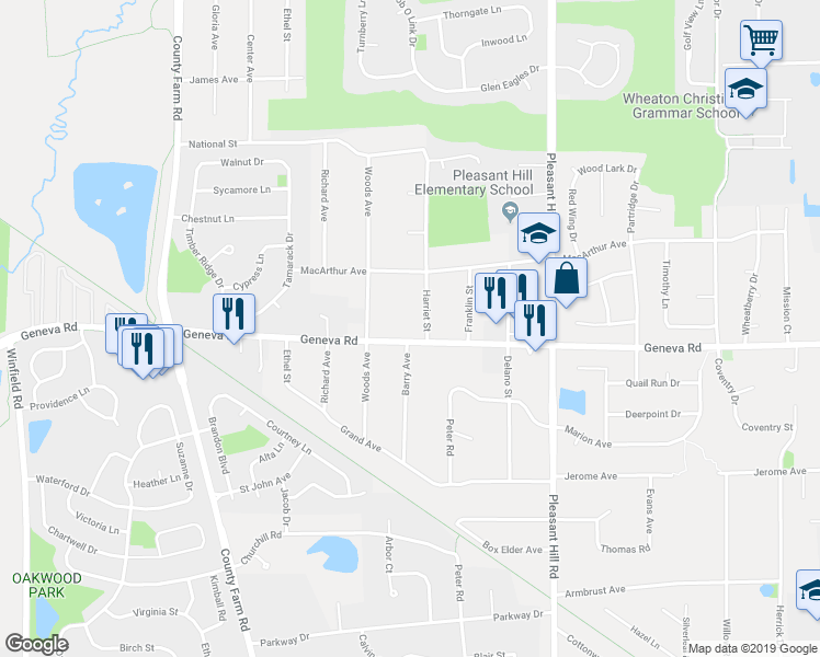 map of restaurants, bars, coffee shops, grocery stores, and more near 26W424 Geneva Road in Carol Stream