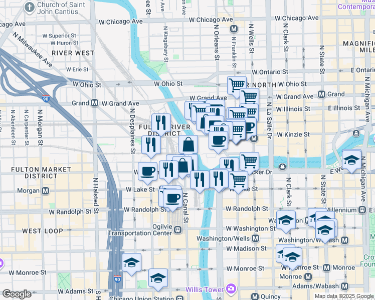 map of restaurants, bars, coffee shops, grocery stores, and more near 333 North Canal Street in Chicago
