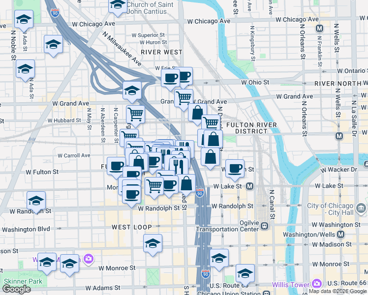 map of restaurants, bars, coffee shops, grocery stores, and more near 333 North Green Street in Chicago