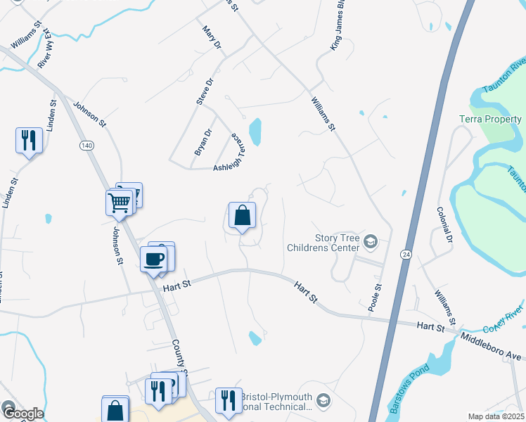 map of restaurants, bars, coffee shops, grocery stores, and more near 86 Alicia Drive in Taunton
