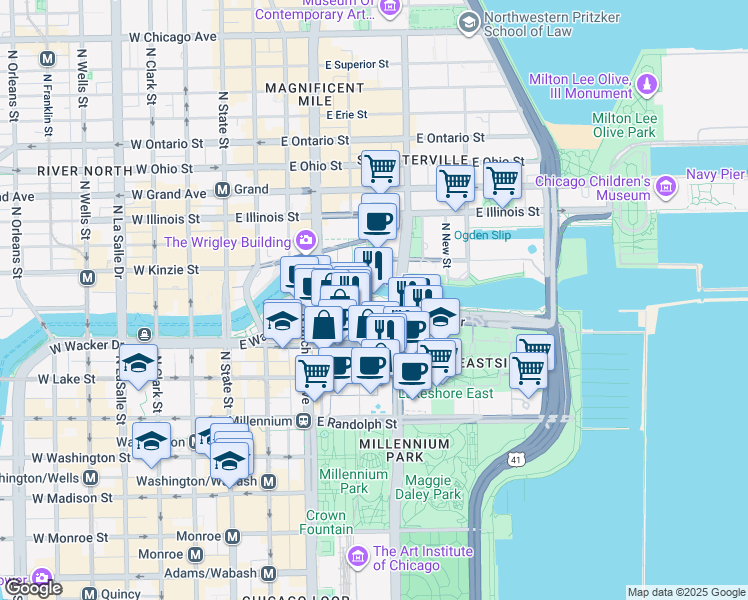 map of restaurants, bars, coffee shops, grocery stores, and more near 330 East Wacker Drive in Chicago