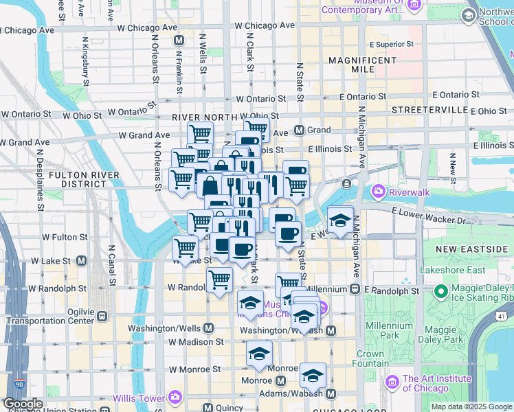 map of restaurants, bars, coffee shops, grocery stores, and more near 321 North Clark Street in Chicago