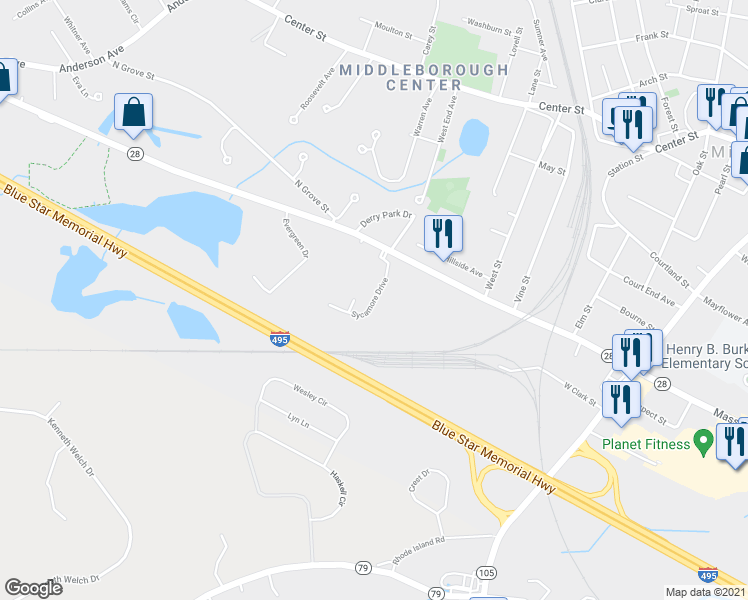 map of restaurants, bars, coffee shops, grocery stores, and more near Sycamore Drive in Middleborough
