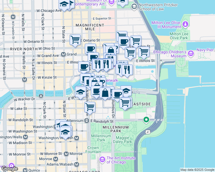 map of restaurants, bars, coffee shops, grocery stores, and more near 233 E. Riverwalk in Chicago