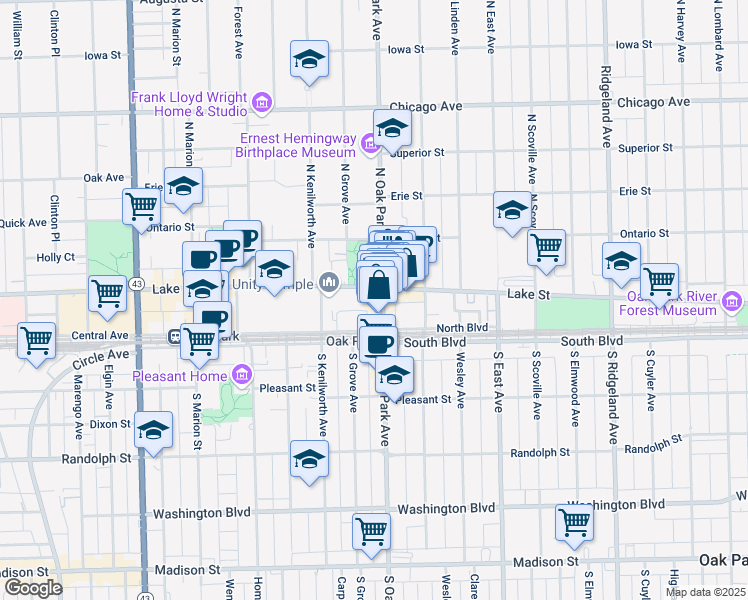map of restaurants, bars, coffee shops, grocery stores, and more near in Oak Park
