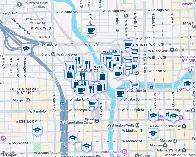 map of restaurants, bars, coffee shops, grocery stores, and more near 350 North Canal Street in Chicago