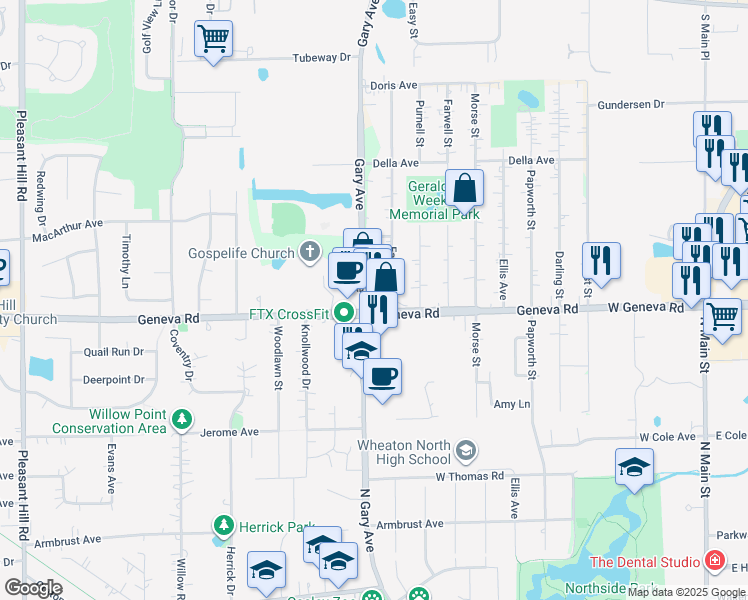 map of restaurants, bars, coffee shops, grocery stores, and more near 2211 Gary Avenue in Wheaton