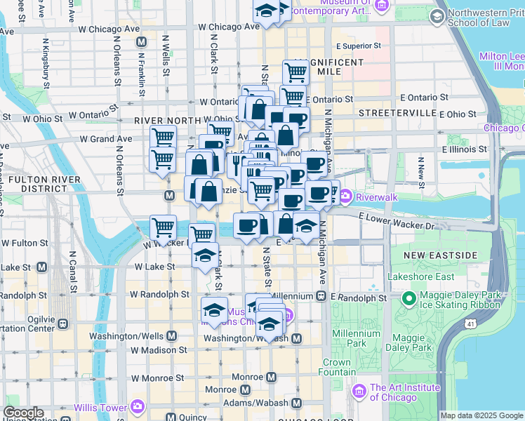 map of restaurants, bars, coffee shops, grocery stores, and more near 344 North State Street in Chicago