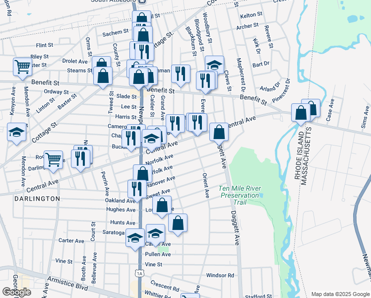 map of restaurants, bars, coffee shops, grocery stores, and more near 856 Central Avenue in Pawtucket