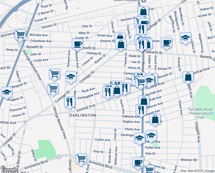 map of restaurants, bars, coffee shops, grocery stores, and more near 65 Chaplin Street in Pawtucket