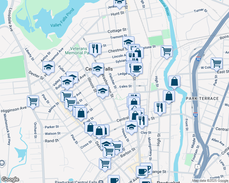 map of restaurants, bars, coffee shops, grocery stores, and more near 77 Fales Street in Central Falls