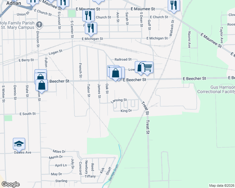 map of restaurants, bars, coffee shops, grocery stores, and more near 944 East Beecher Street in Adrian