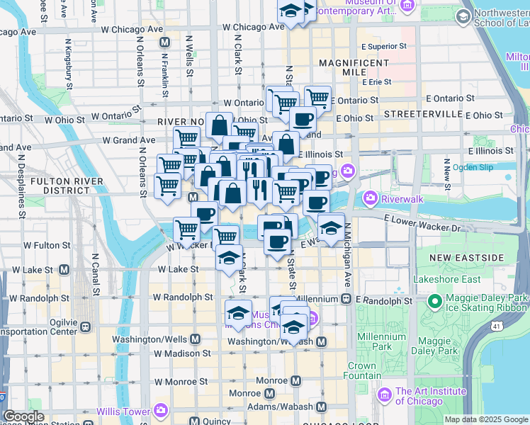 map of restaurants, bars, coffee shops, grocery stores, and more near 55w East Kinzie Street in Chicago