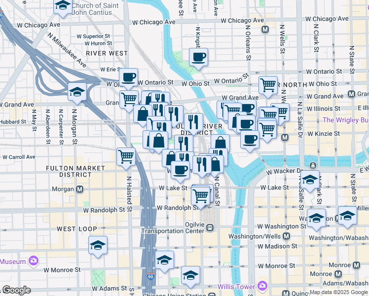 map of restaurants, bars, coffee shops, grocery stores, and more near 555 West Kinzie Street in Chicago