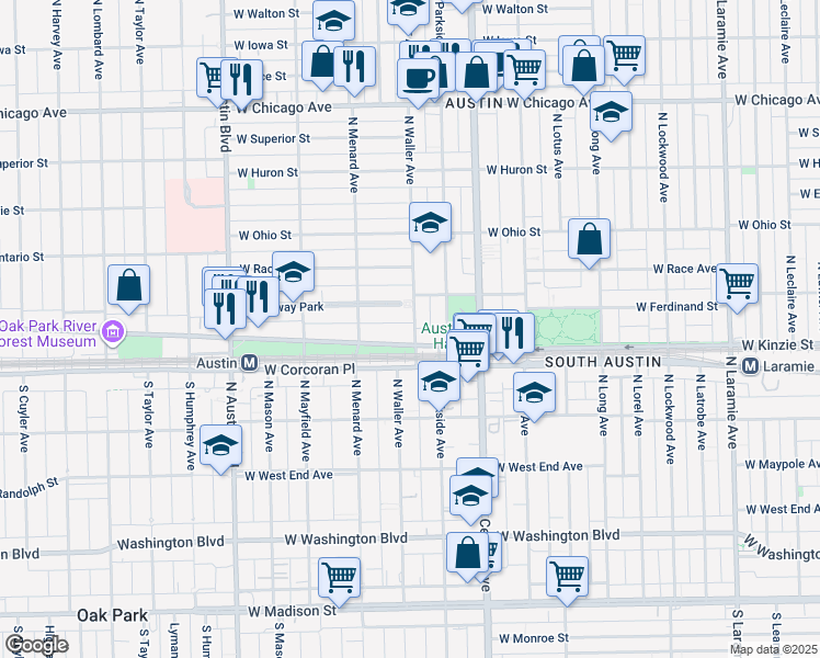 map of restaurants, bars, coffee shops, grocery stores, and more near 5701 West Midway Park in Chicago