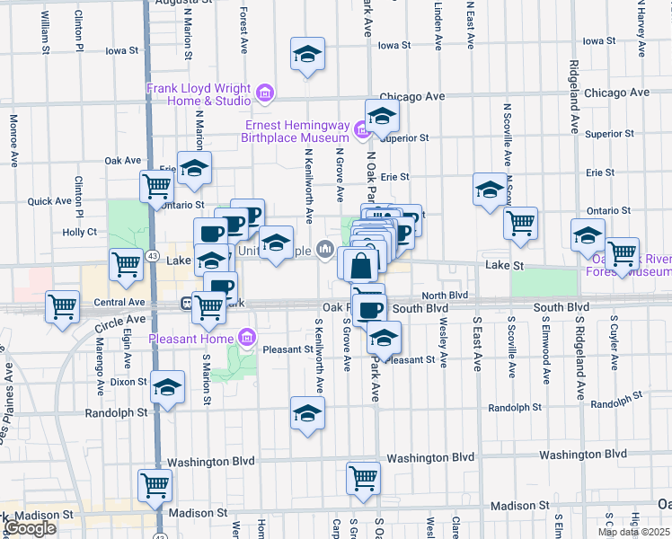 map of restaurants, bars, coffee shops, grocery stores, and more near in Oak Park