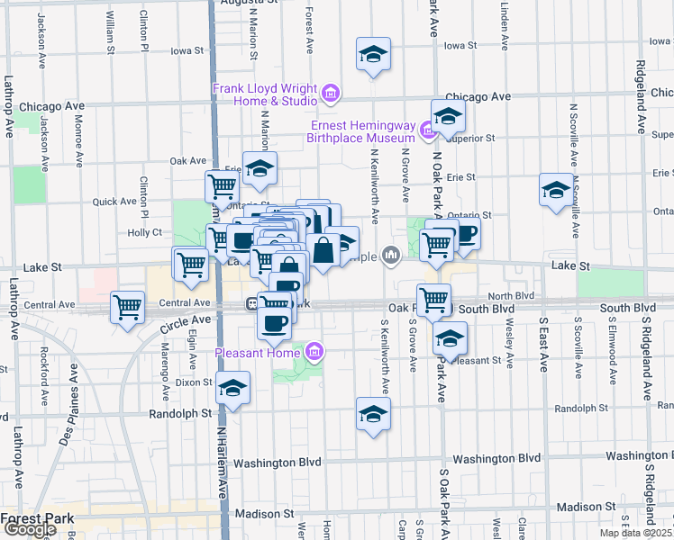 map of restaurants, bars, coffee shops, grocery stores, and more near 954 Lake Street in Oak Park