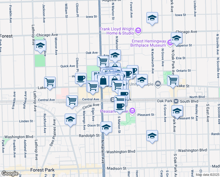 map of restaurants, bars, coffee shops, grocery stores, and more near 1128 Lake Street in Oak Park
