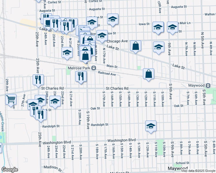map of restaurants, bars, coffee shops, grocery stores, and more near 14 South 16th Avenue in Maywood